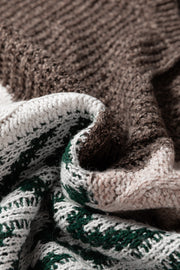 Brown Color Block Patchwork Knotted Back Loose Fit Sweater