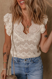 Beige Embroidered Patchwork Hollow Out Knitted Ruffle Sweater Vest