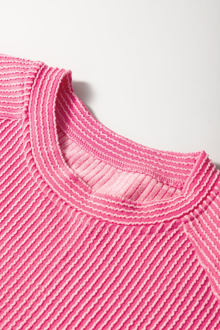 Bright Pink Solid Corded Knit Short Sleeve T Shirt and Wide Leg Pants Set