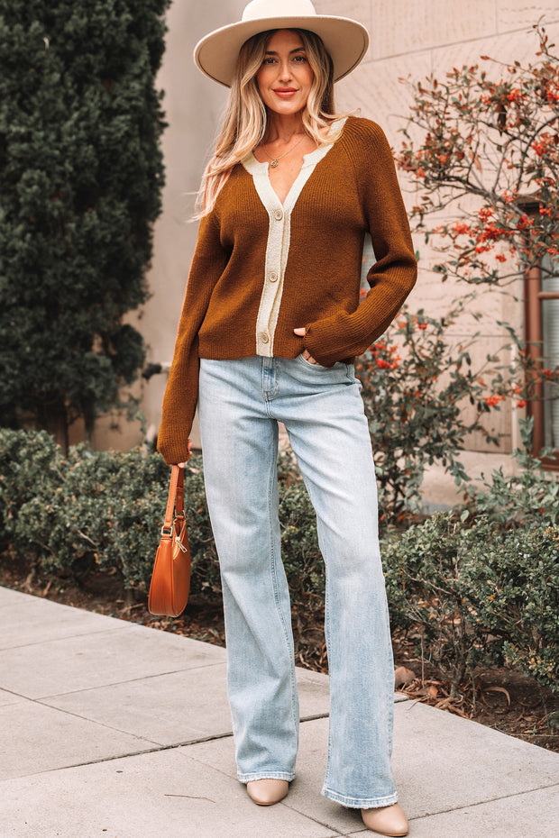 Chestnut Contrast Knit V Neckline Short Cardigan