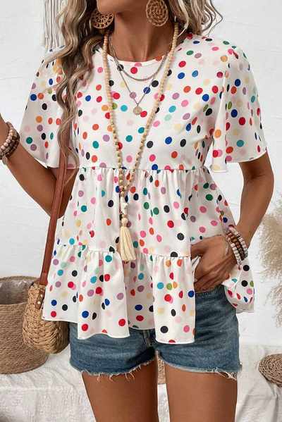 White Colorful Polka Dot Short Sleeve Tiered Ruffled Babydoll Blouse