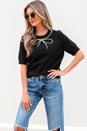 Black Pearl Bow Necklace Embellished Short Sleeve Knitted T Shirt