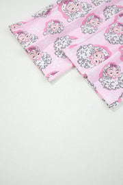Pink Santa Claus Print V Neck Tee Drawstring Pants 2pcs Lounge Set