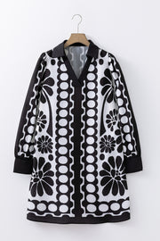 Black Polka Dot Floral Printed V Neck Long Sleeve Shift Mini Dress