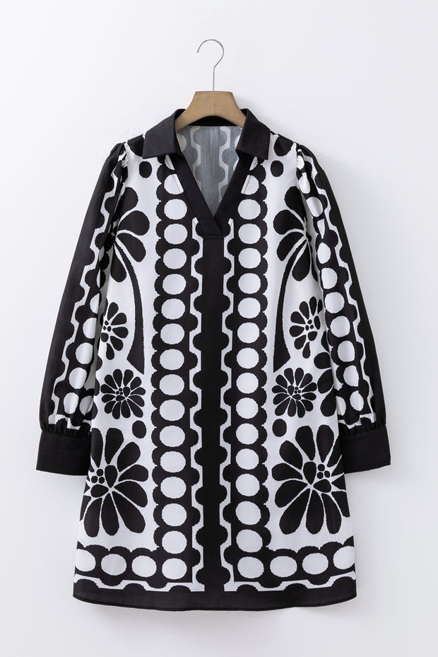 Black Polka Dot Floral Printed V Neck Long Sleeve Shift Mini Dress