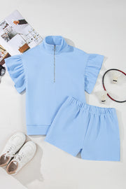 Beau Blue Ribbed Texture Half Zip Ruffled Short Sleeve Top and Shorts Set