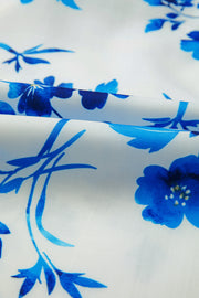 Blue Floral Long Sleeve Lace-up V Neck Blouse