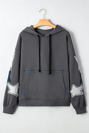 Carbon Grey Star Patchwork Contrast Stitching Mineral Wash Kangaroo Pocket Vintage Hoodie