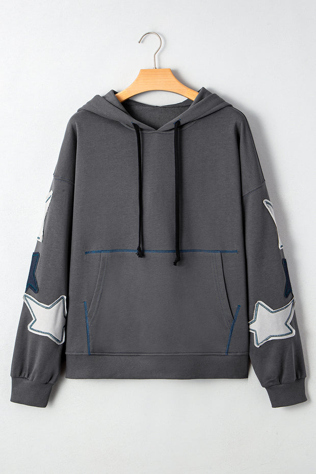 Carbon Grey Star Patchwork Contrast Stitching Mineral Wash Kangaroo Pocket Vintage Hoodie