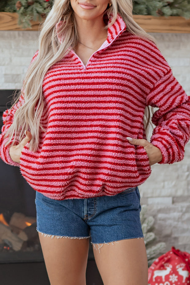 Pink Stripe Quarter Zip Fleece Oversize Sweatshirt