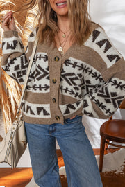 Dark Khaki Ethnic Geometric Pattern Button Front V Neck Sweater Cardigan