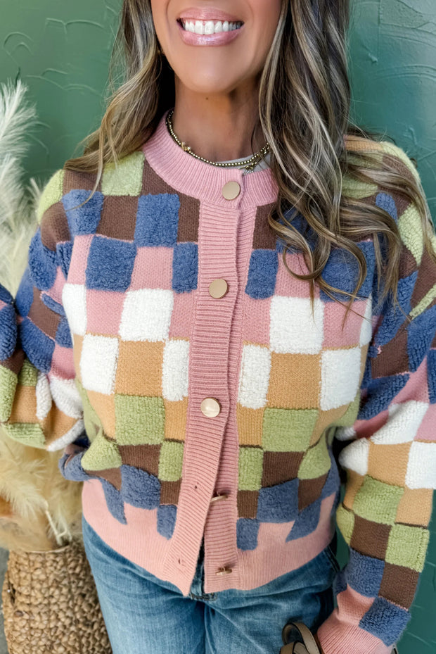 Multicolour Plush Checkered Pattern Button Front Cardigan Sweater
