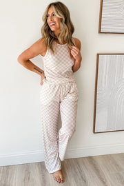 White Ribbed Texture Checkered Print 2pcs Tank and Pants Set