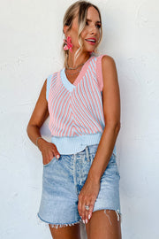 Light Pink Contrast Chevron Knit V Neck Sweater Vest