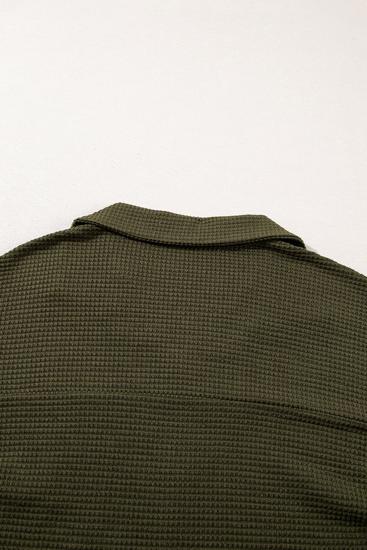 Four Leaf Clover Solid Color Textured Buttoned Shirt and Casual Pants Set