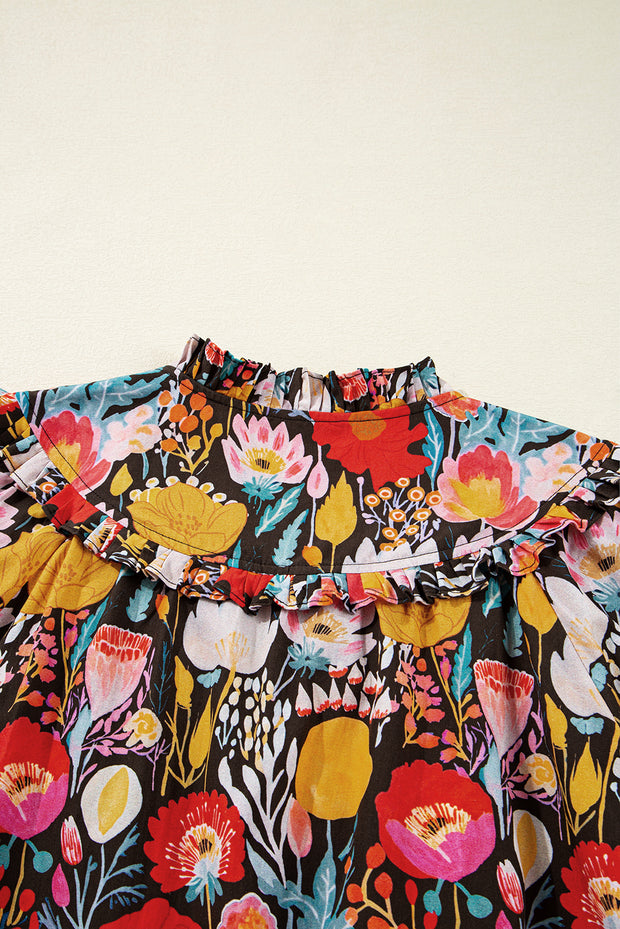 Black Floral 3/4 Puff Sleeve Tied Neck Blouse