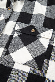 Black Double Plaid Patchwork Drawstring Hooded Shacket