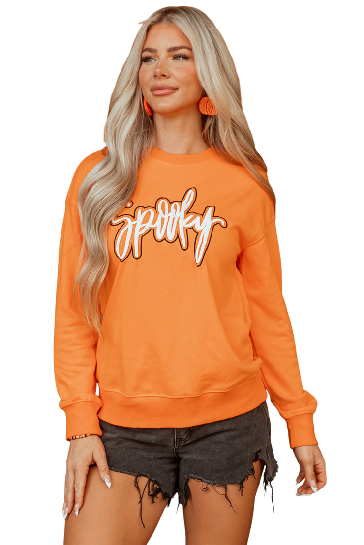 Grapefruit Orange Spooky Graphic Halloween Crew Neck Holiday Sweatshirt