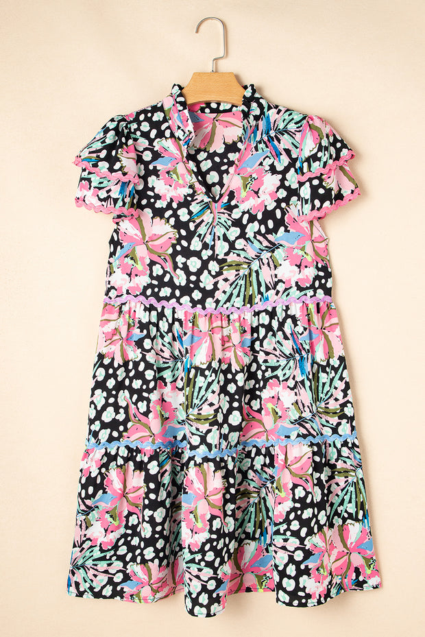 Pink Floral Ricrac Embellished Tiered Mini Dress