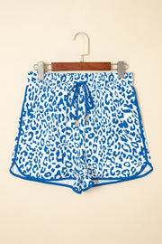 Blue Leopard Elastic Waist Lace up Contrast Trim Casual Shorts