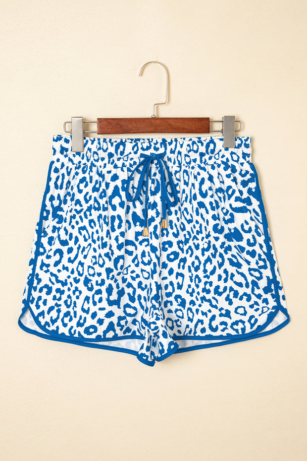 Blue Leopard Elastic Waist Lace up Contrast Trim Casual Shorts