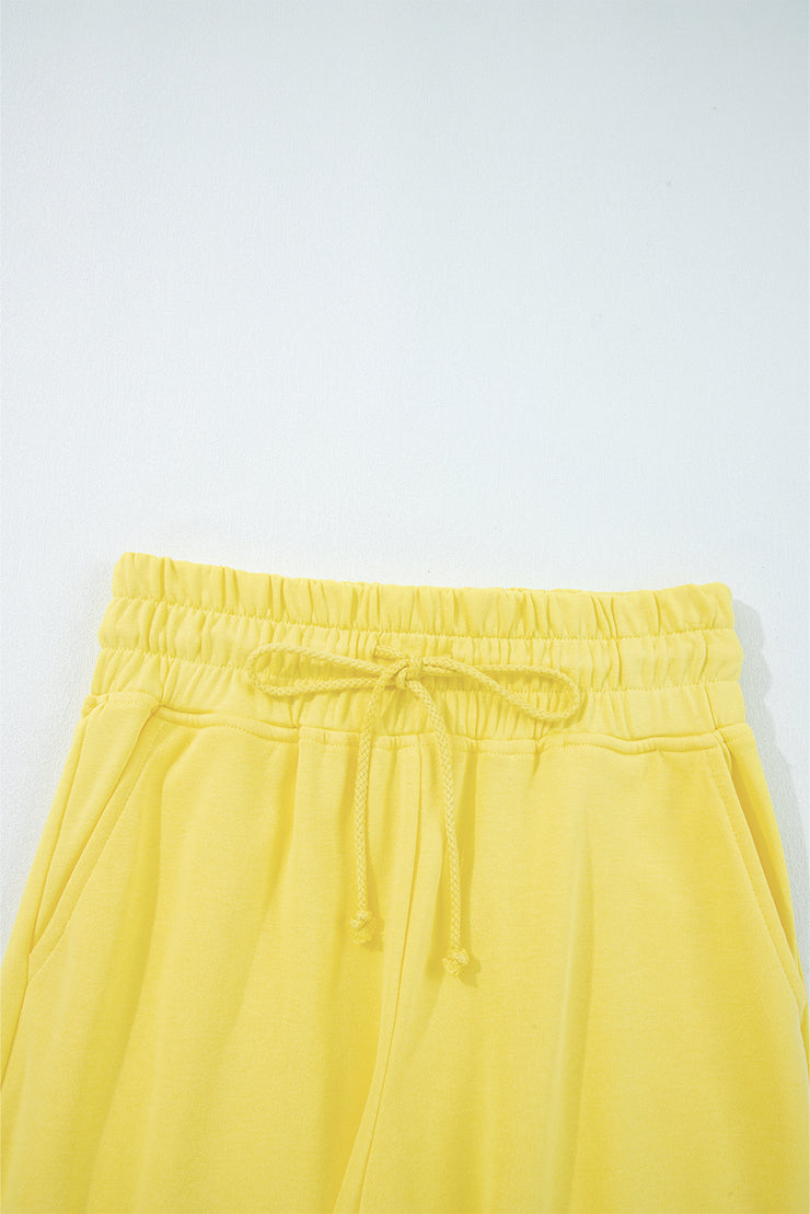 Yellow Cream Drop Shoulder Puff Sleeve Crop Pullover Drawstring Wide Leg Pants Set