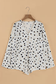 White Polka Dot Print Button Front V Neck Blouse