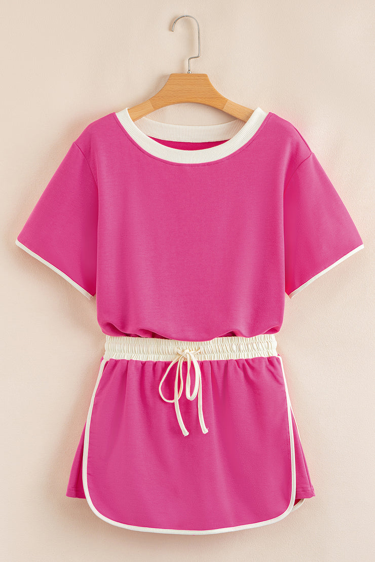 Rose Red Colorblock Edge Drop Shoulder T Shirt and Skort 2Pcs Set