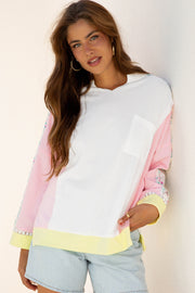 White Floral Colorblock Patchwork Chest Pocket Notched Neck Long Sleeve Top
