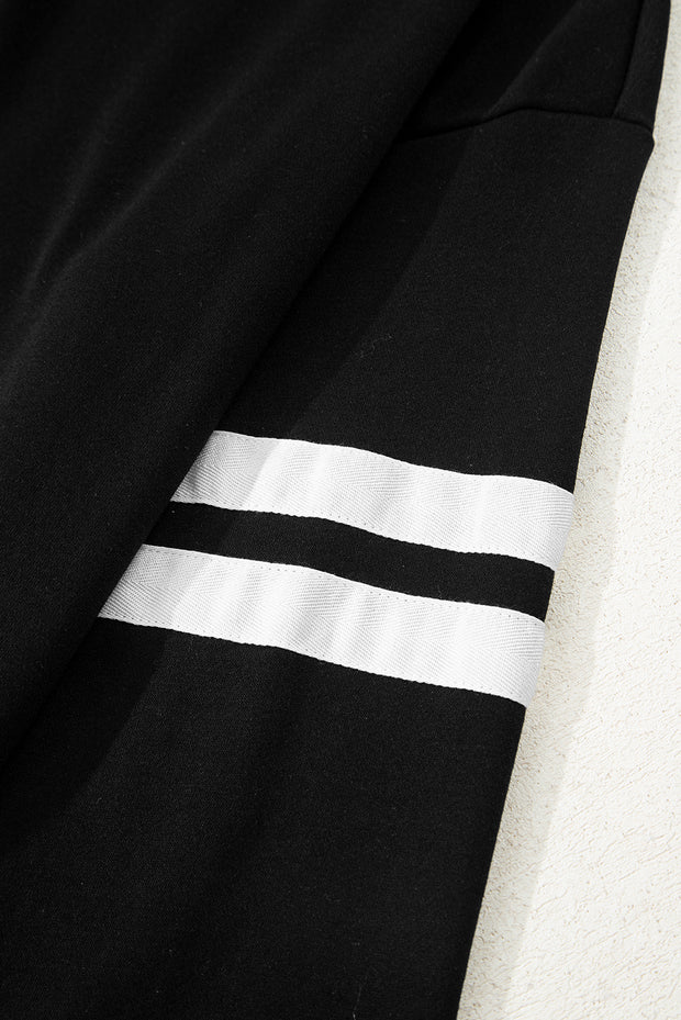 Black Varsity Striped Sleeve Drop Shoulder Sweatshirt and Short Set