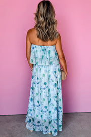 Green Floral Print Ruffled Side Slit Tube Top Maxi Dress