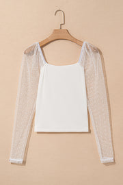 White Swiss Dot Mesh Long Sleeve Square Neck Slim Top
