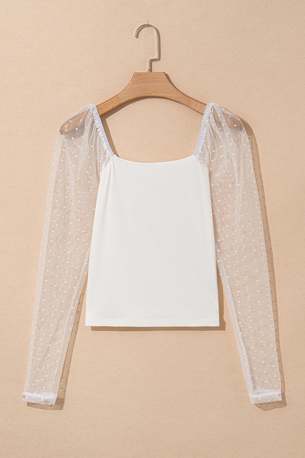 White Swiss Dot Mesh Long Sleeve Square Neck Slim Top