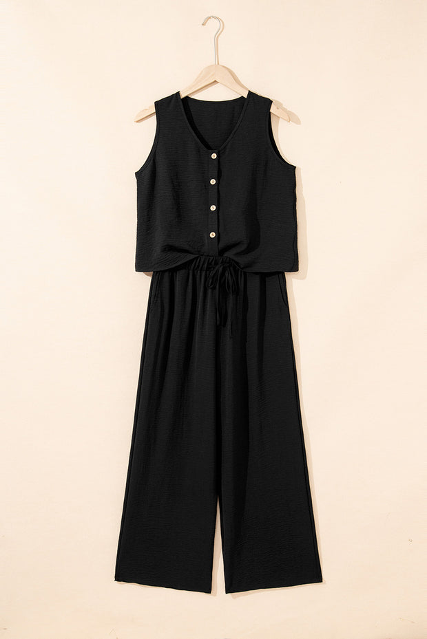 Black Buttoned Vest Drawstring Wide Leg Pants 2pcs Set