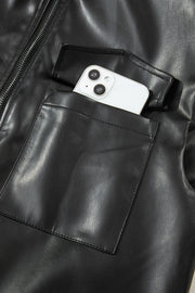 Black Double Flap Pocket Faux Leather Zip Up Stand Neck Vest