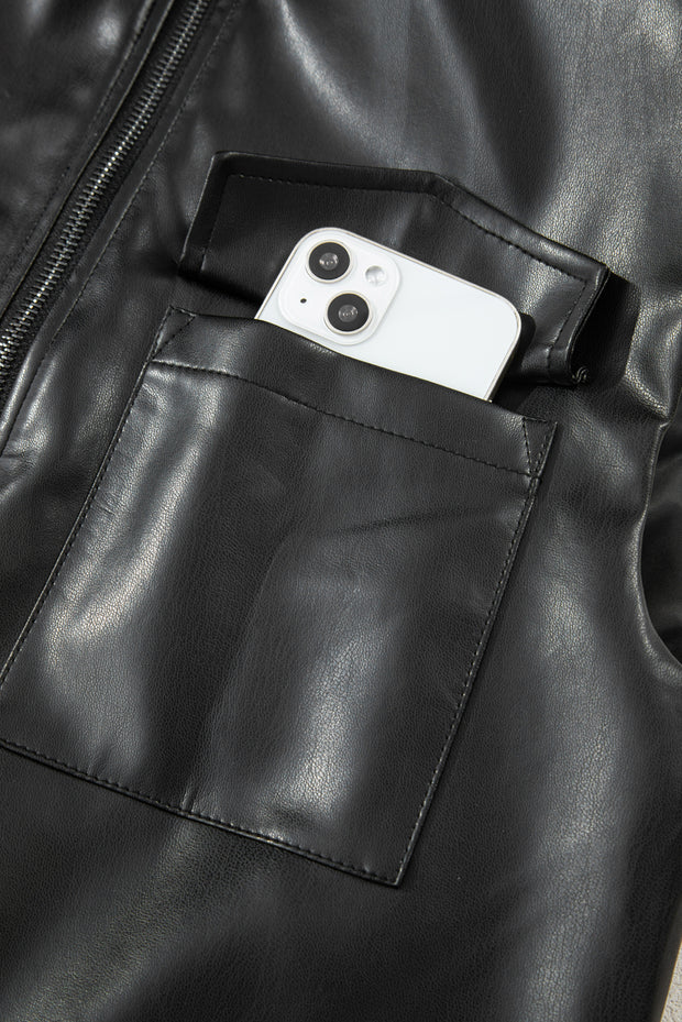 Black Double Flap Pocket Faux Leather Zip Up Stand Neck Vest