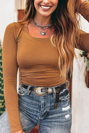 Chestnut Solid Color Long Sleeve Fitted Top
