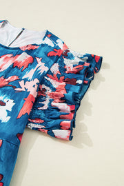 Blue Abstract Print Shirred Ruffled Short Sleeve Tiered Plus Size Mini Dress