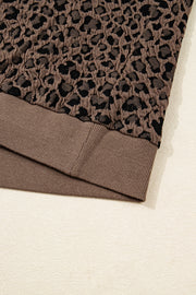 Brown Ribbed Trim Leopard Print Long Sleeve Top