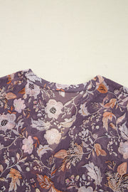 Blue Boho Flower Print 3/4 Sleeve Babydoll Blouse