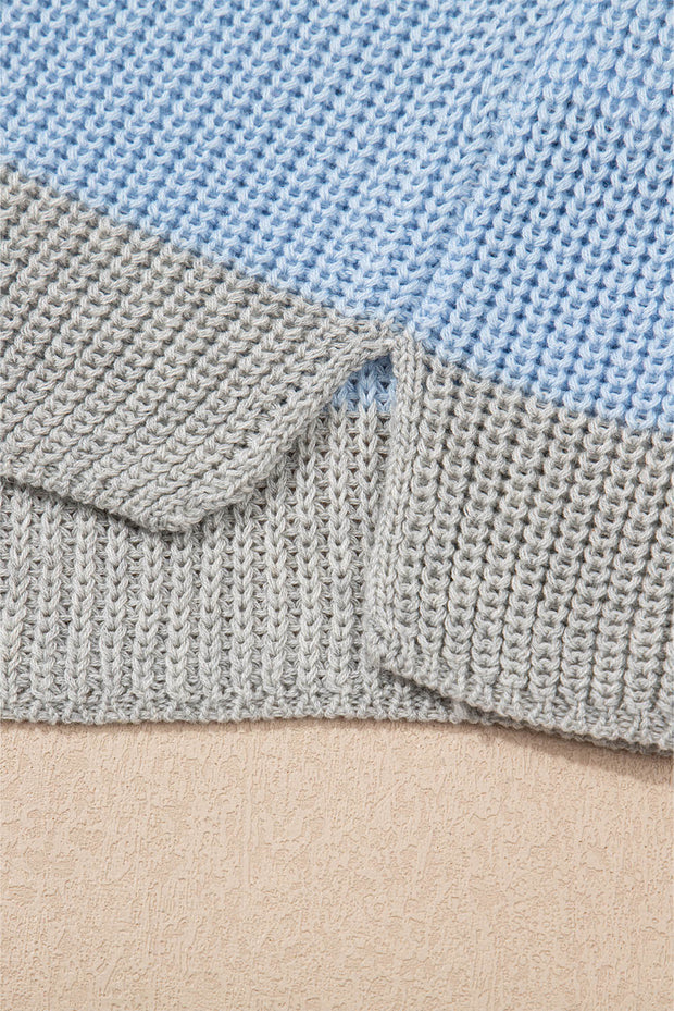 Light Blue Color Block Notch V Neck Sweater T Shirt