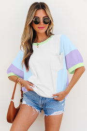 Camiseta oversize de media manga con patchwork y bloques de color blanco