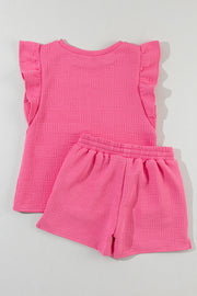Bonbon Textured Ruffled Sleeve Tee and Drawstring Elastic Waistband Shorts Set
