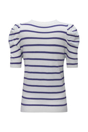 Blue Stripe Ribbed Trim Round Neck Bubble Sleeve Knitted Top