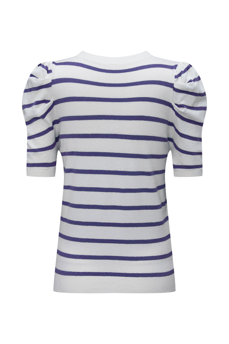 Blue Stripe Ribbed Trim Round Neck Bubble Sleeve Knitted Top
