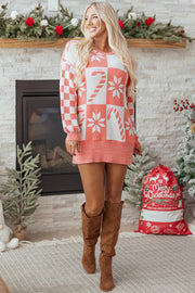Pink Candycane Snowflake Checker Christmas Holiday Drop Shoulder Tunic Loose Sweater
