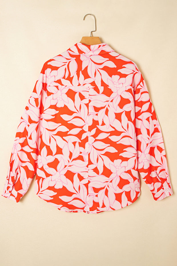Orange Botanical Print Single Chest Pocket Button Up Shirt