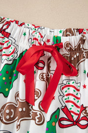 White Christmas Pattern Button V Neck Pullover Drawstring Pants 2pcs Lounge Set