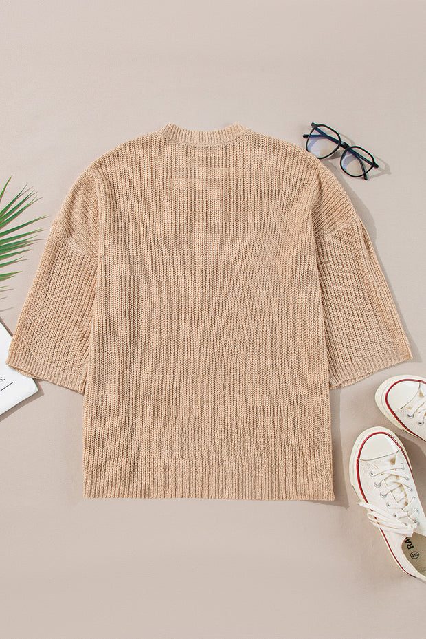 Light French Beige Contrast Striped 3/4 Sleeve Crew Neck Sweater