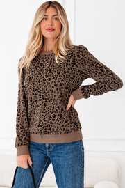 Brown Ribbed Trim Leopard Print Long Sleeve Top